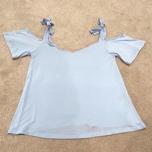 Off the Shoulder Bow Tie Blue Blouse